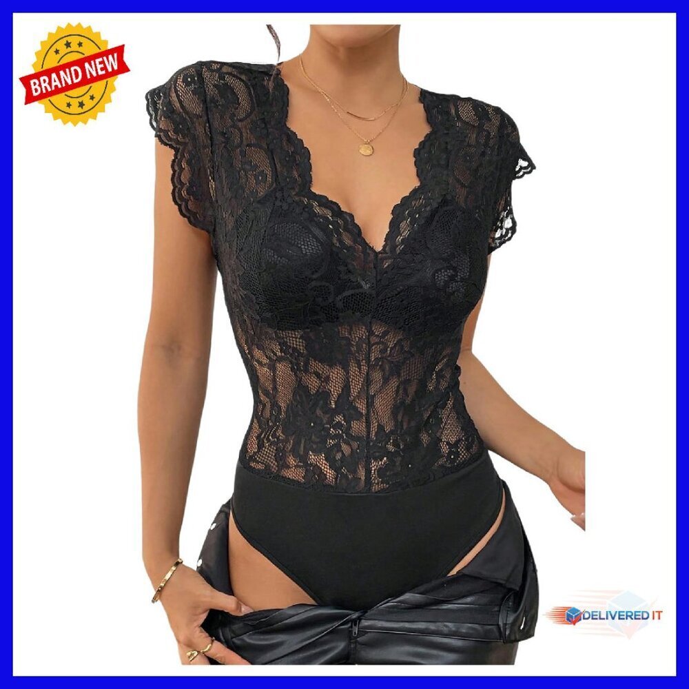Lace Bodysuit Romper Deep V Neck Cap Sleeve Stretch Fabric Date Night